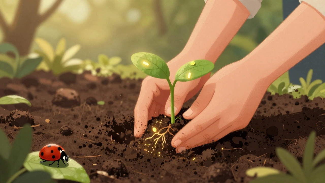 Руки с землёй сажают саженец, вокруг светятся микробы, божья коровка ползёт по листу.