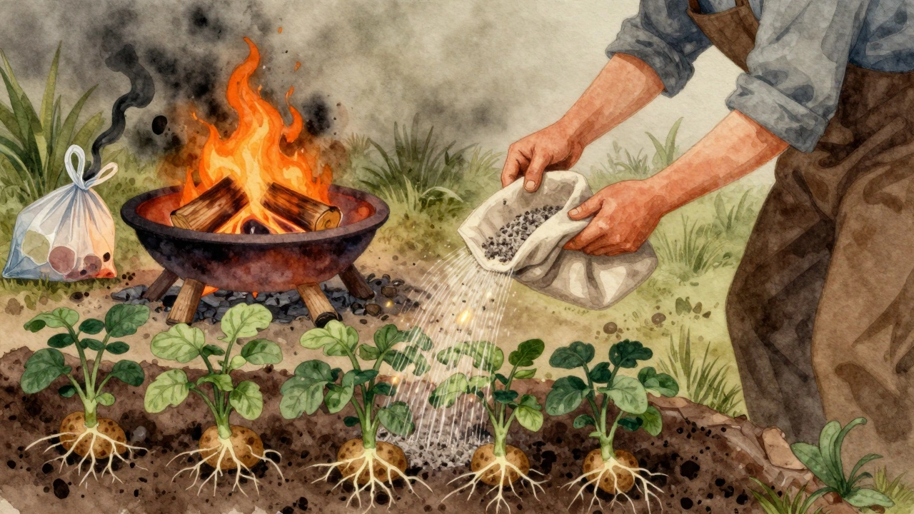 Садовник рассыпает чистую золу вокруг картофеля, на фоне чистого костра и сгорающего пластика.