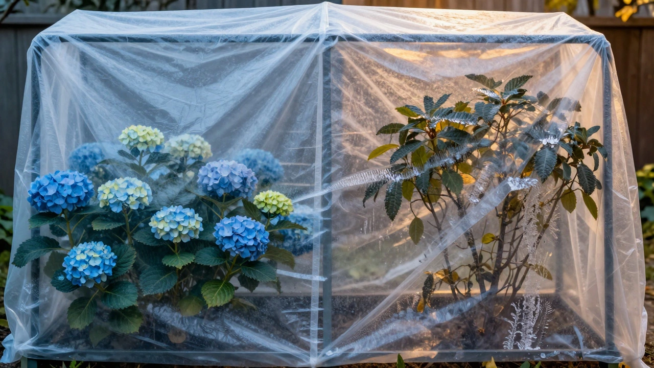 Сравнение правильного и ошибочного укрытия растений зимой: дышащий материал против пленки.