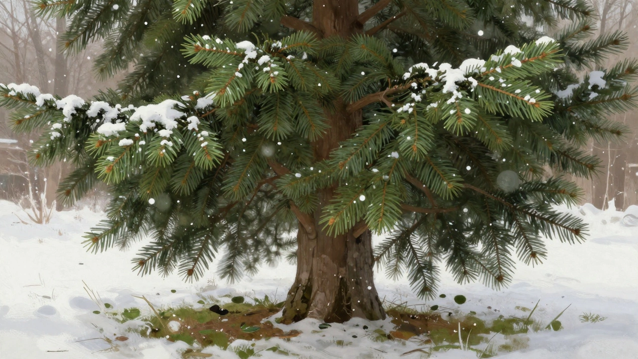 Ствол молодого дерева обмотан еловыми ветками для защиты от мышей и зайцев зимой