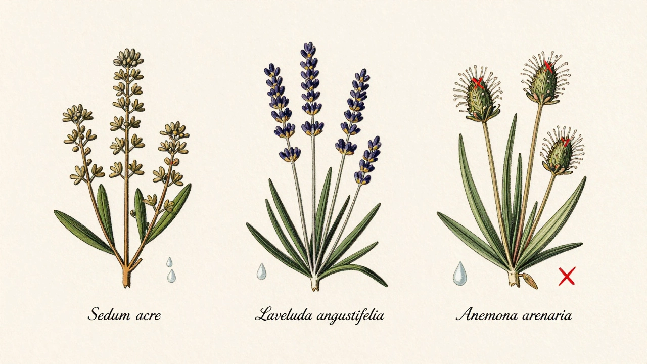 Винтажный botanical рисунок трёх засухоустойчивых растений с перечёркнутыми каплями воды.