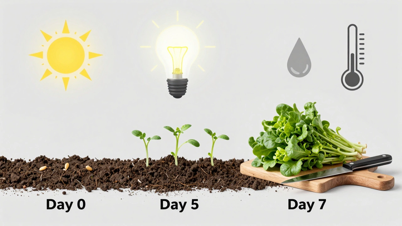 Визуальная шкала роста зелени: от семян до урожая за 7 дней, с лампой и каплей воды.