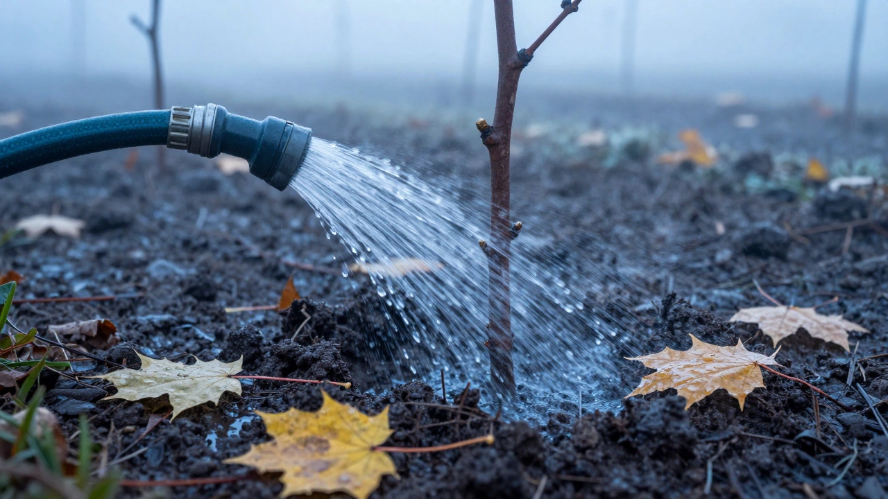 Влагозарядный полив молодого саженца обильной водой перед наступлением заморозков
