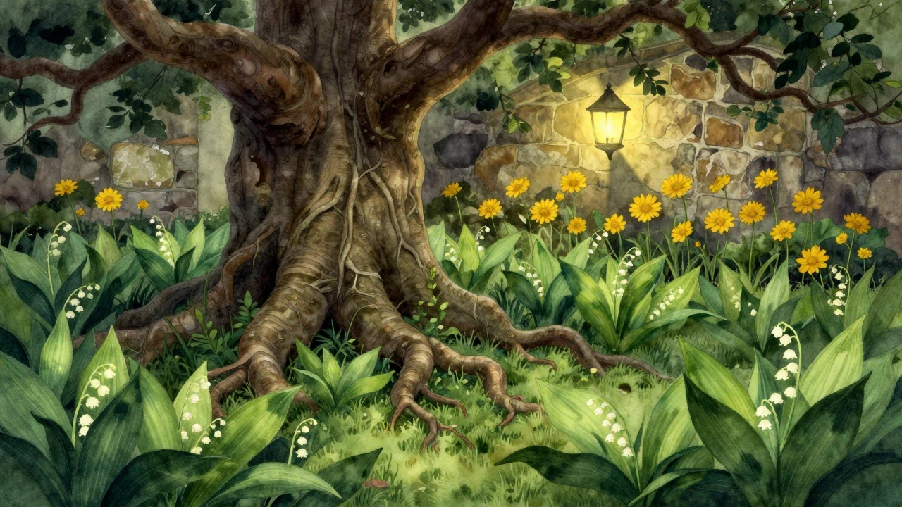 Зелёный ковёр ландыша под старым дубом, жёлтые цветы кореопсиса у стены, тёплый свет фонаря в глубине сада.