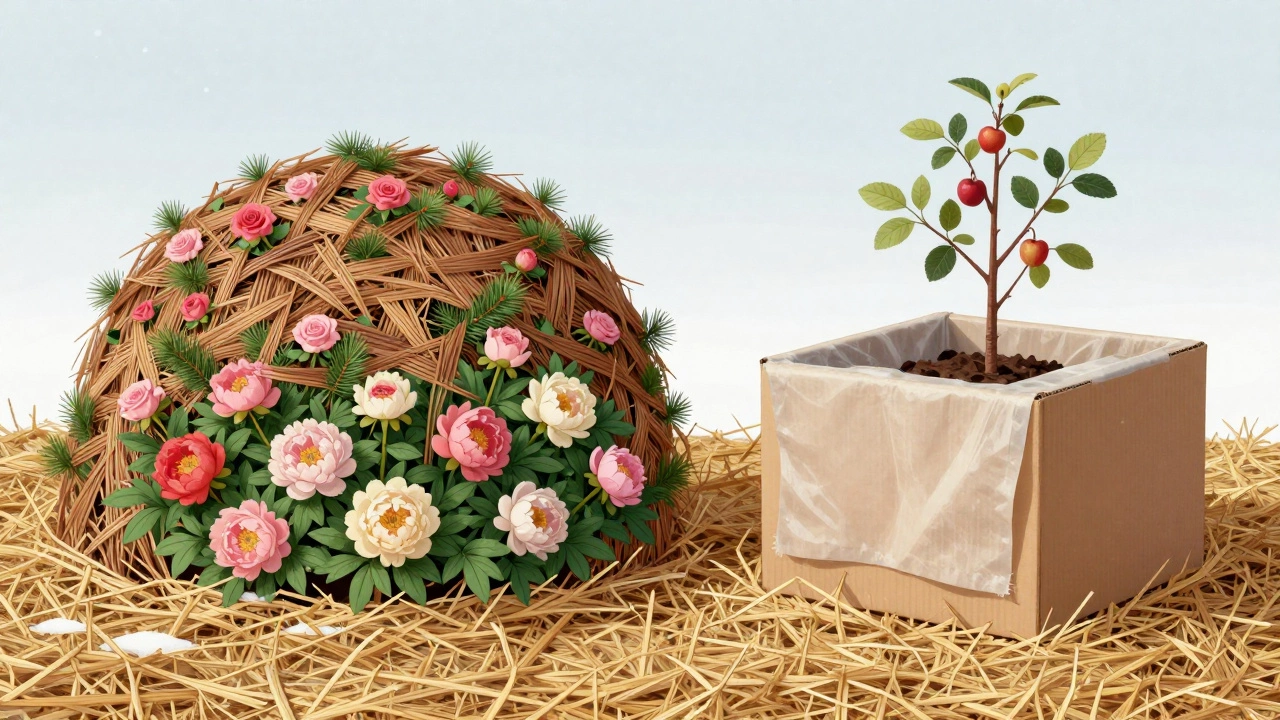 Зимний сад с укрытиями из лапника, соломы и картонных коробок под снегопадом.