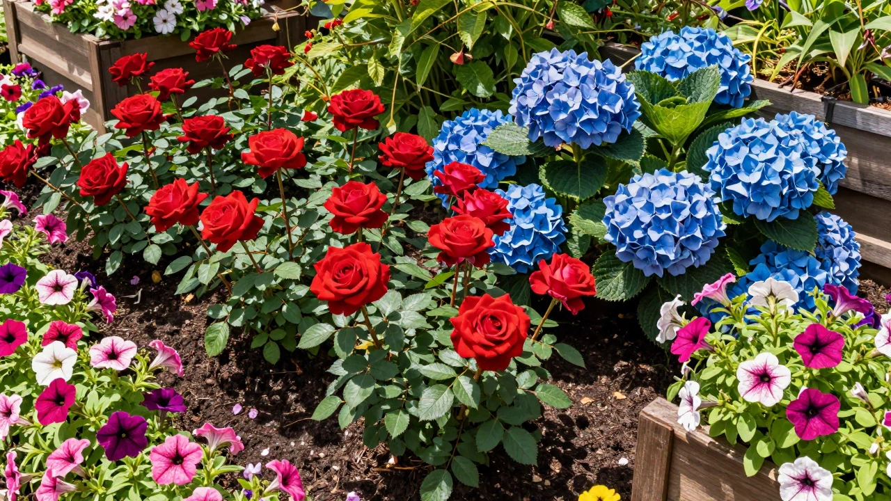 Яркий цветник с красными розами, голубыми гортензиями и цветущими петуниями в ящиках