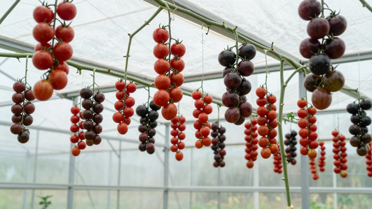 Черные томаты и гроздья черри, свисающие с высоких лиан в теплице