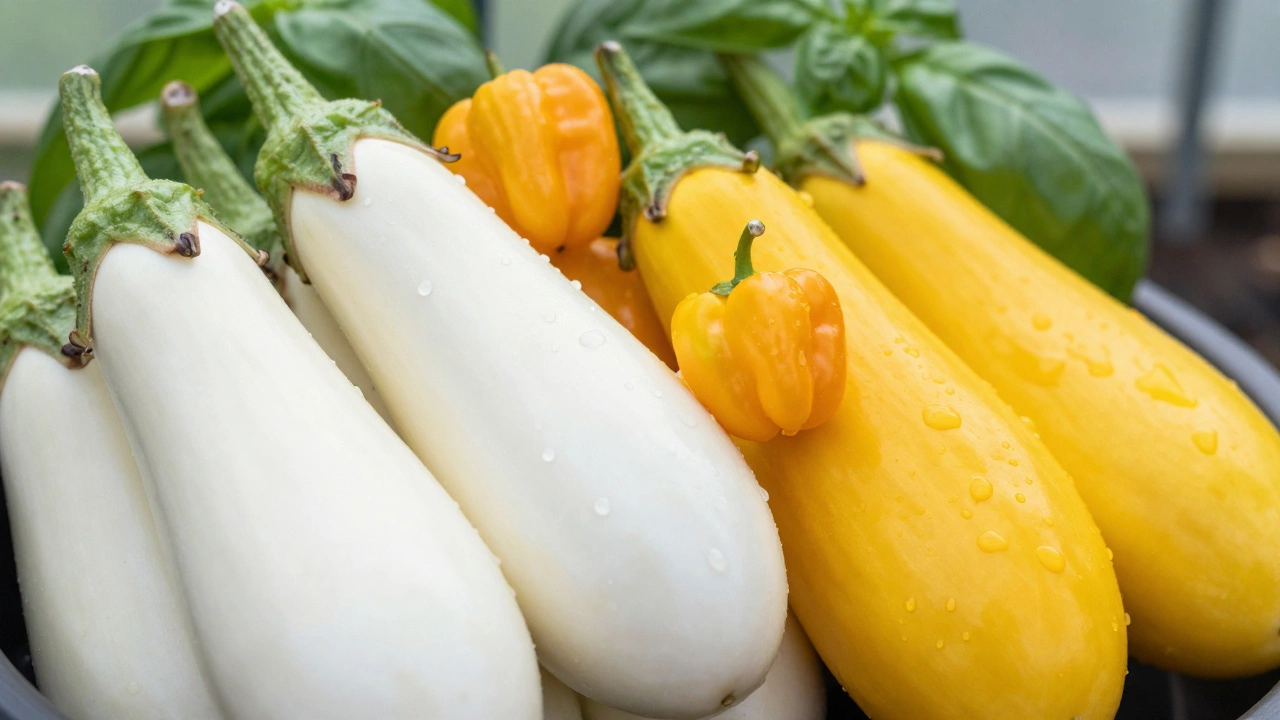 Крупный план необычных белых баклажанов и декоративных острых перцев