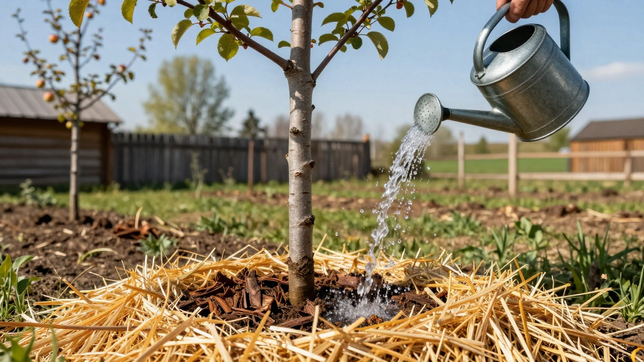 Молодое дерево с мульчей у ствола, которое поливают водой в весеннем саду