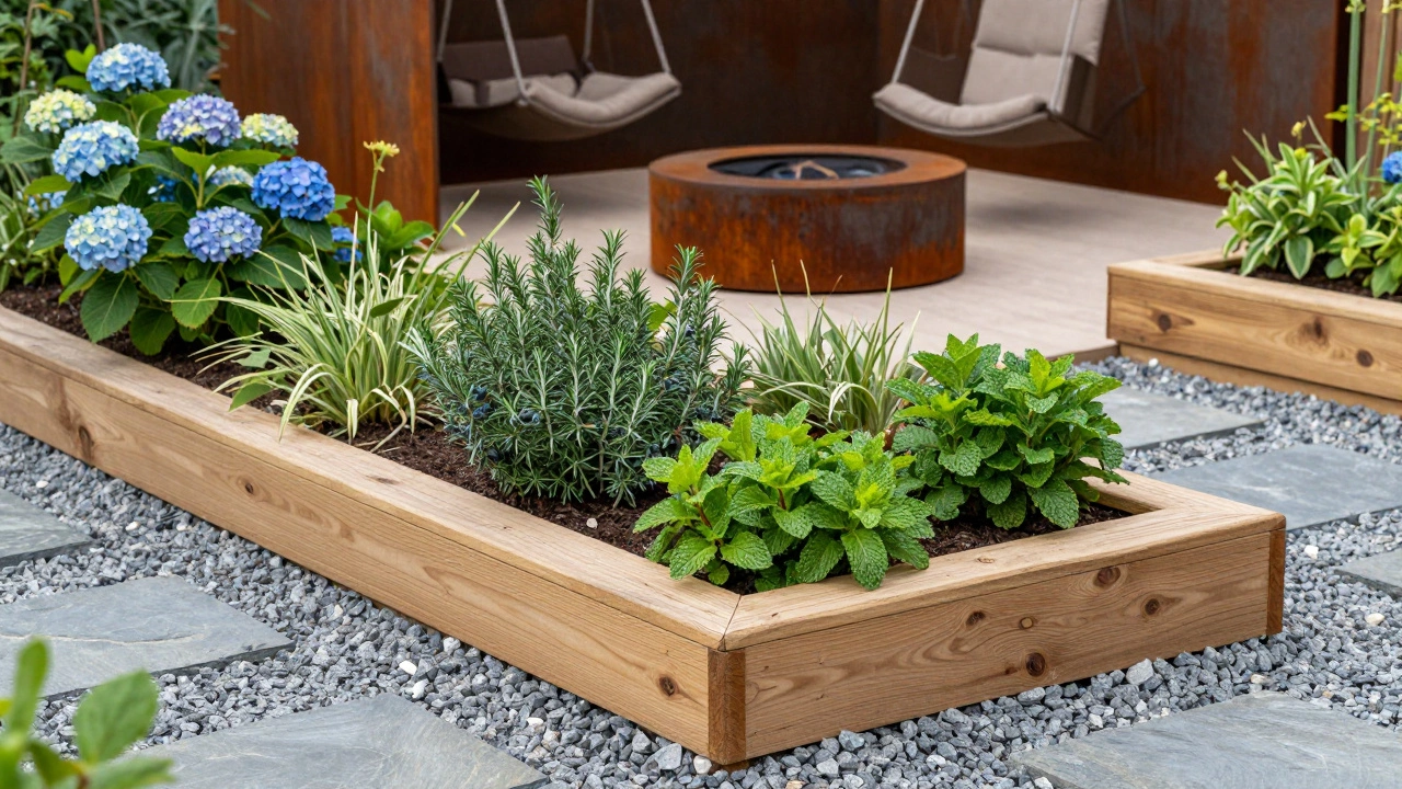 Приподнятые грядки из дерева с ягодами и травами рядом с костровой зоной из кортеновской стали