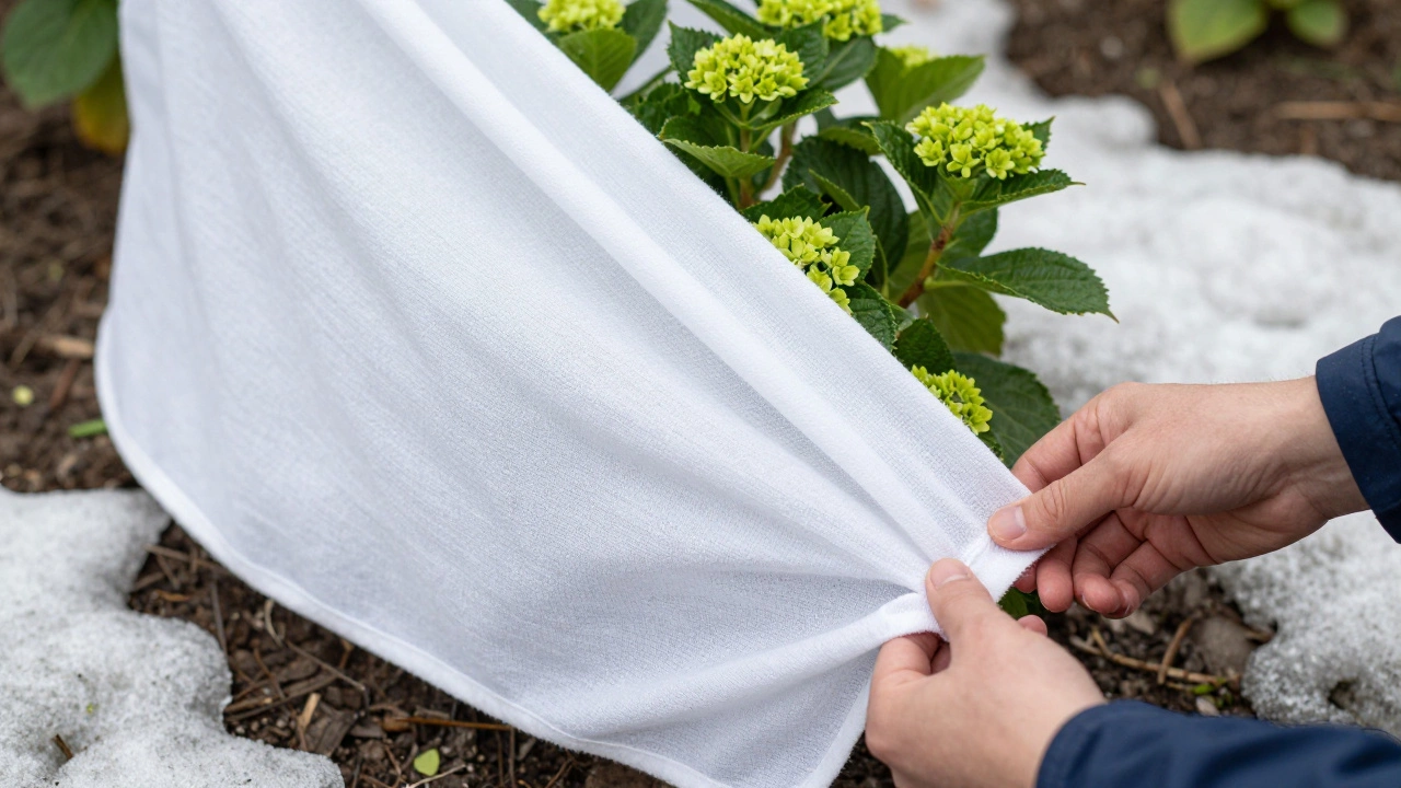 Процесс постепенного снятия защитной морозной ткани с цветущего куста весной