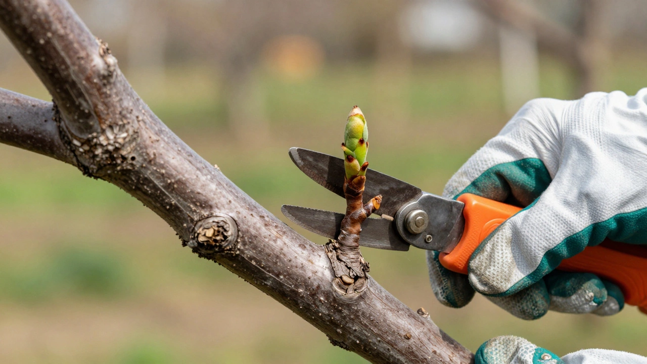 Процесс правильной обрезки ветки плодового дерева под углом 45 градусов