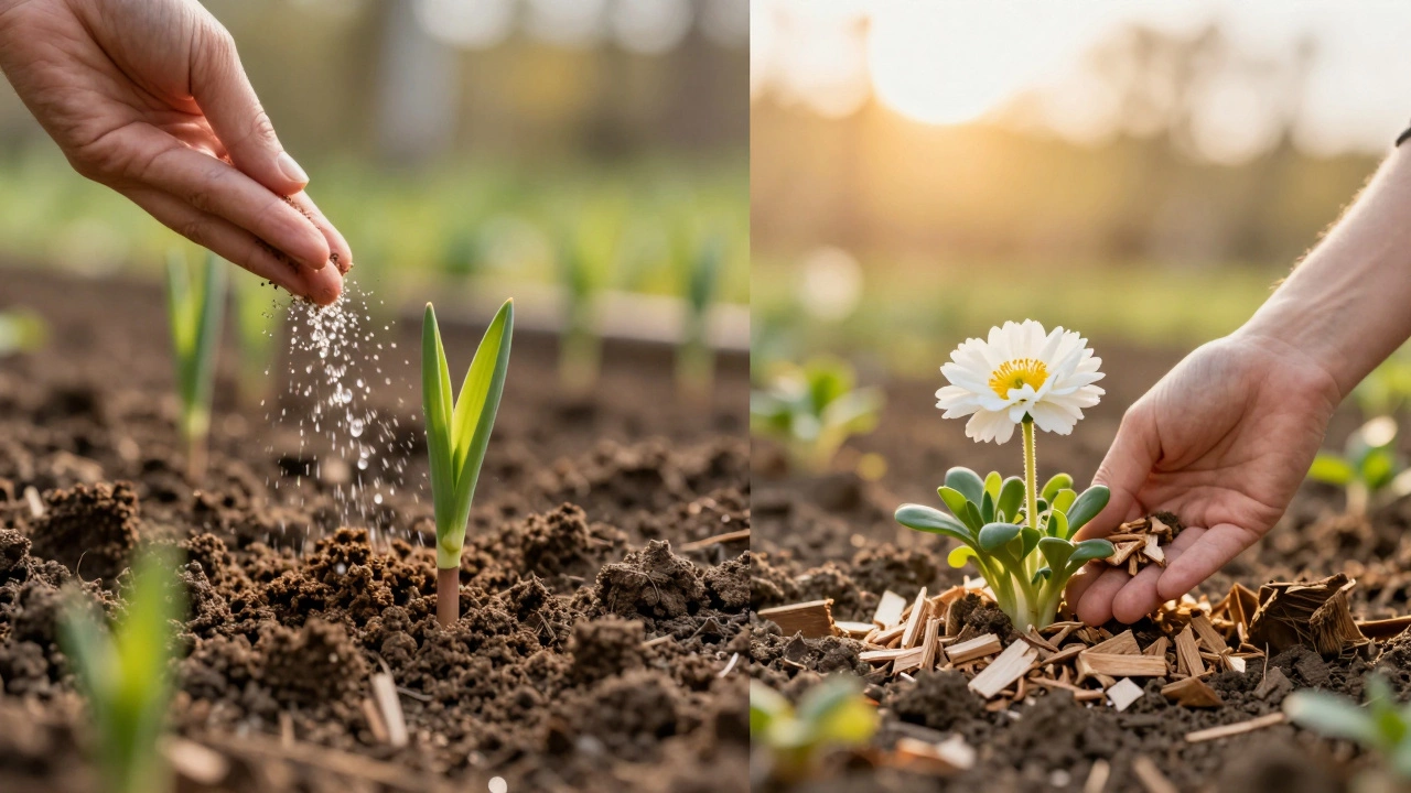 Процесс ухода за садом: внесение компоста весной и древесной золы в конце лета