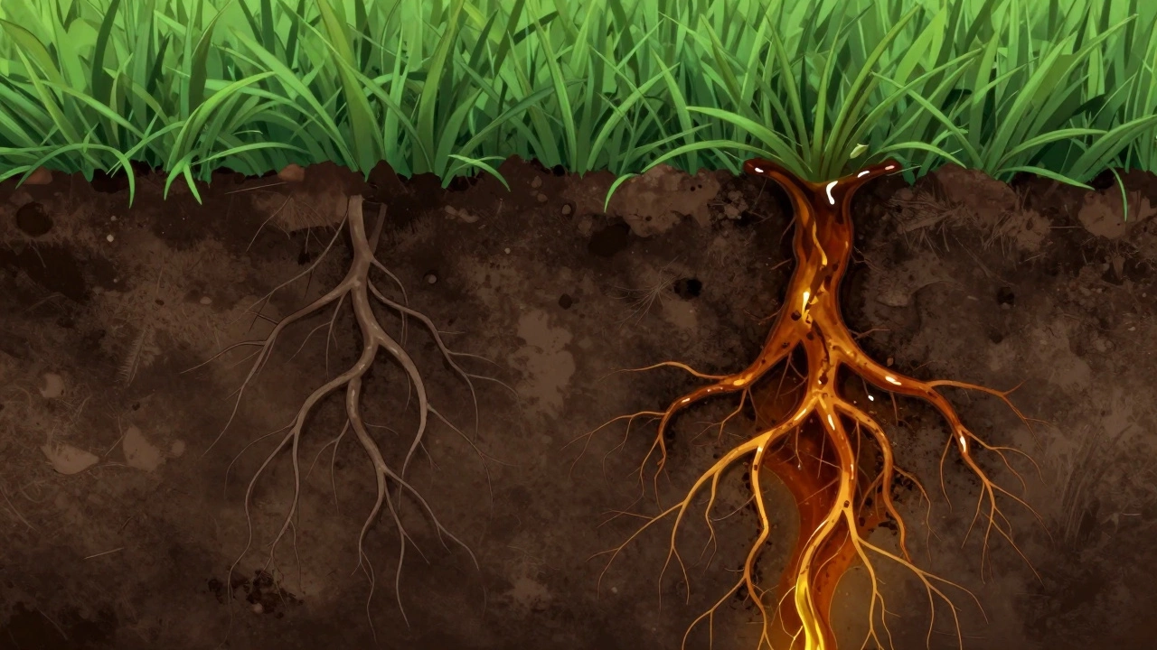 Разрез почвы с поврежденными корнями травы от концентрированного раствора