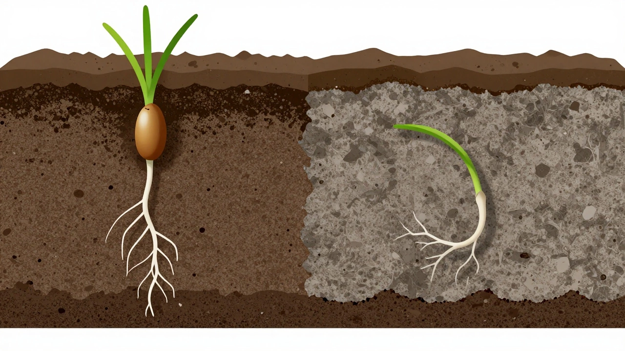 Схематический разрез почвы: здоровый корень травы и корень, заблокированный плотным слоем земли