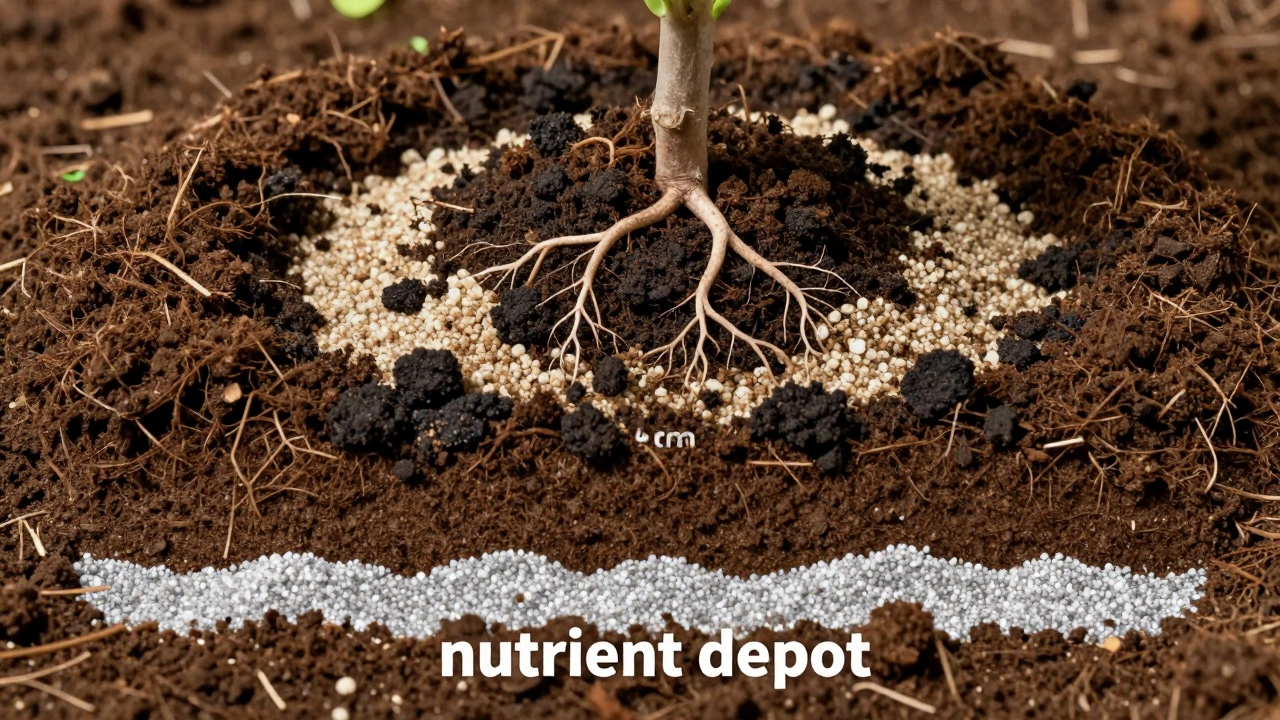 Схематичный разрез лунки с правильным расположением удобрений и слоев почвы