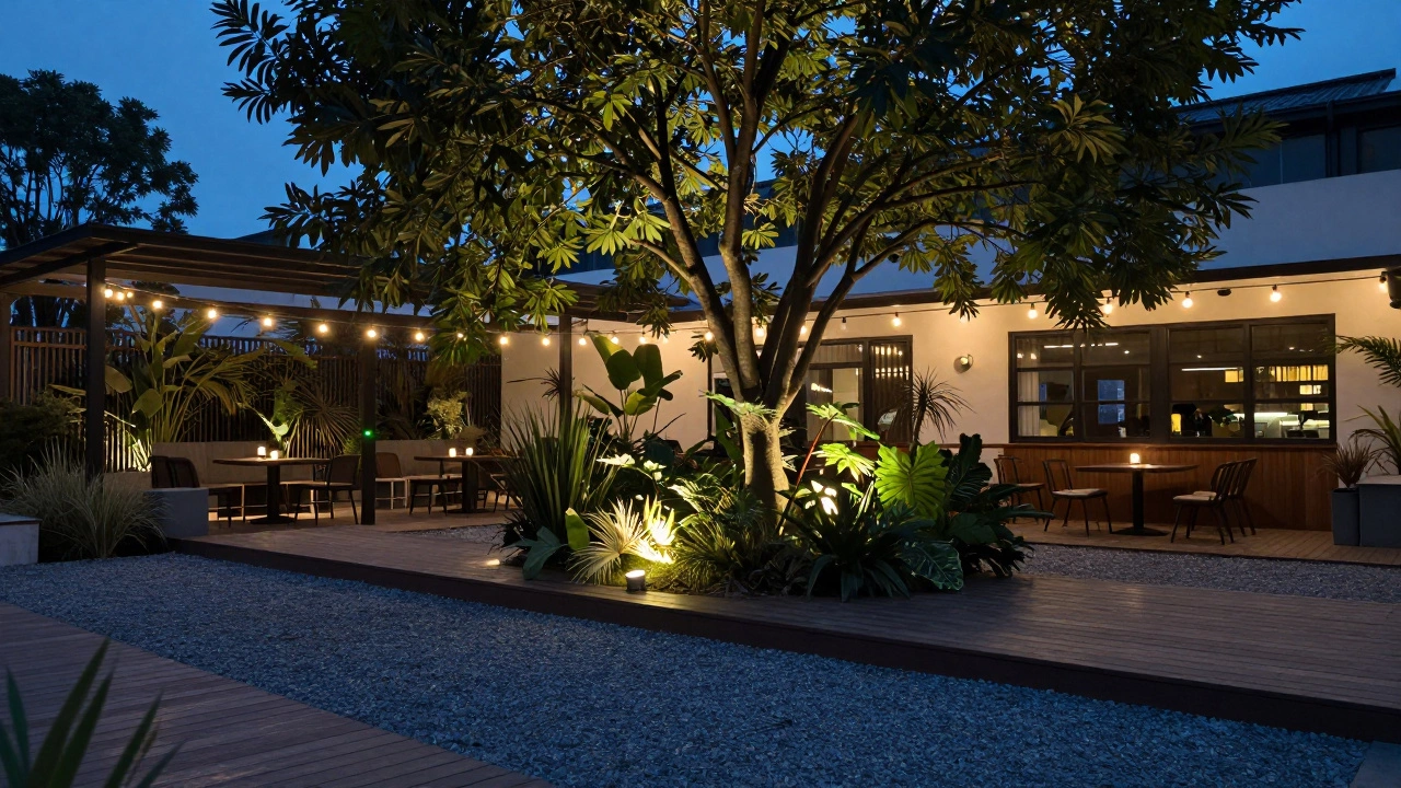 Вечернее освещение сада с гирляндами-ретролампами и мягкой подсветкой деревьев