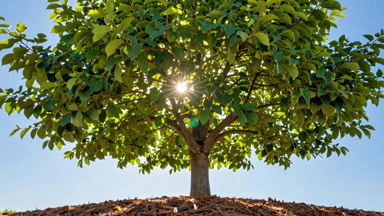 Вид снизу на прореженную светлую крону здорового дерева с мульчей у корней