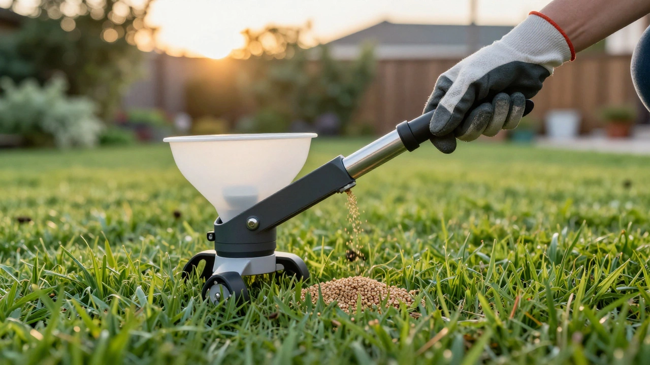 Внесение гранулированных удобрений в зеленый газон