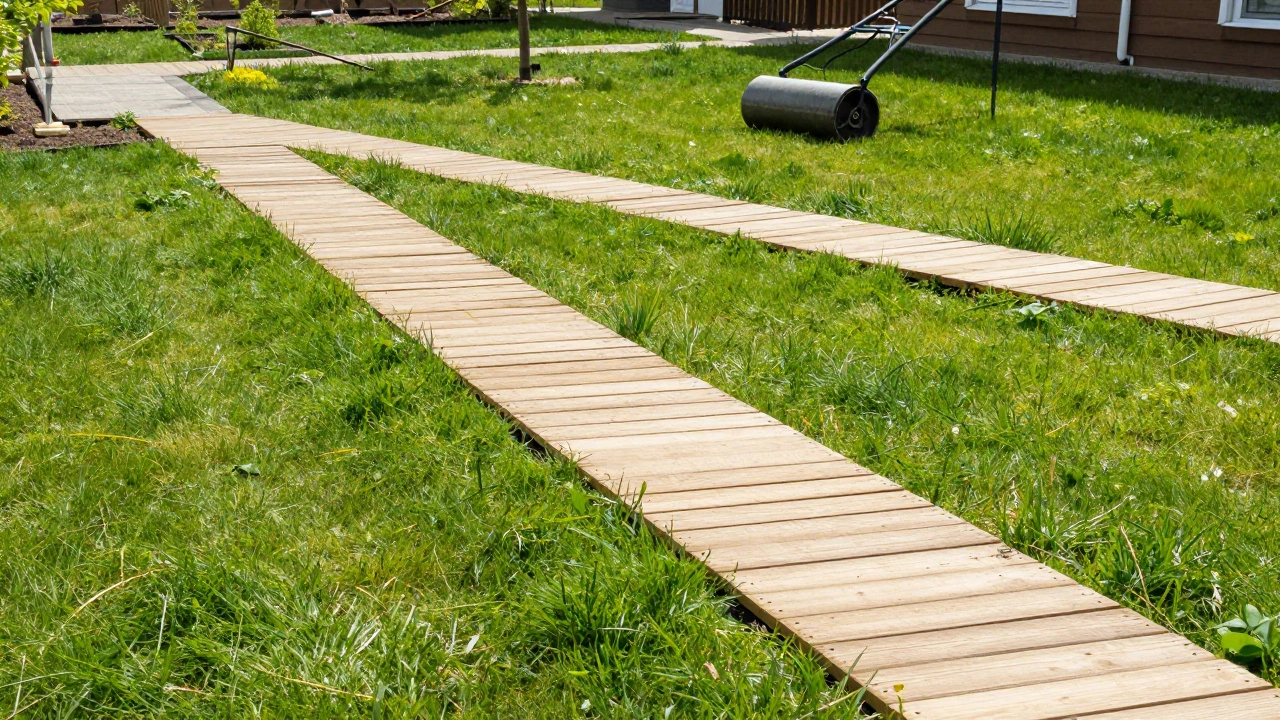 Временный деревянный настил на молодом газоне для защиты травы от вытаптывания