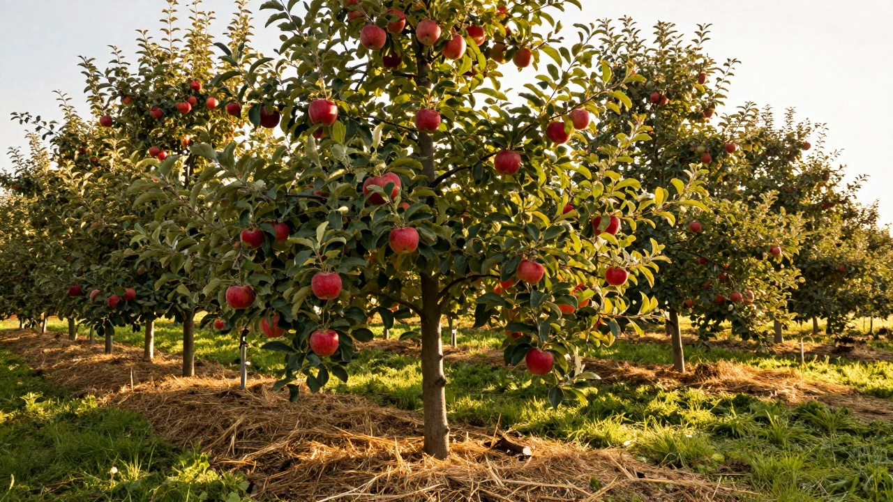 Здоровая яблоня с богатым урожаем спелых красных яблок
