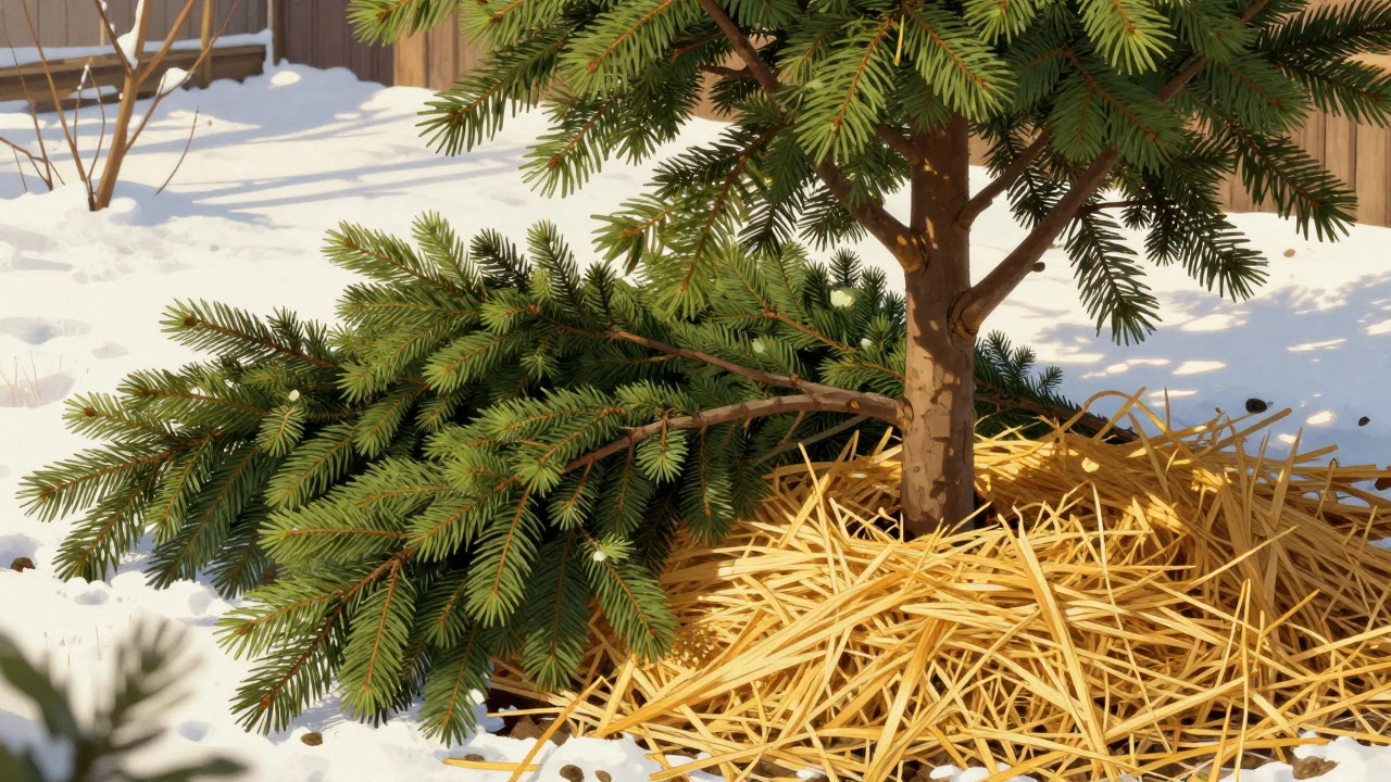 Хвойный лапник и солома используются для утепления основания плодового дерева зимой